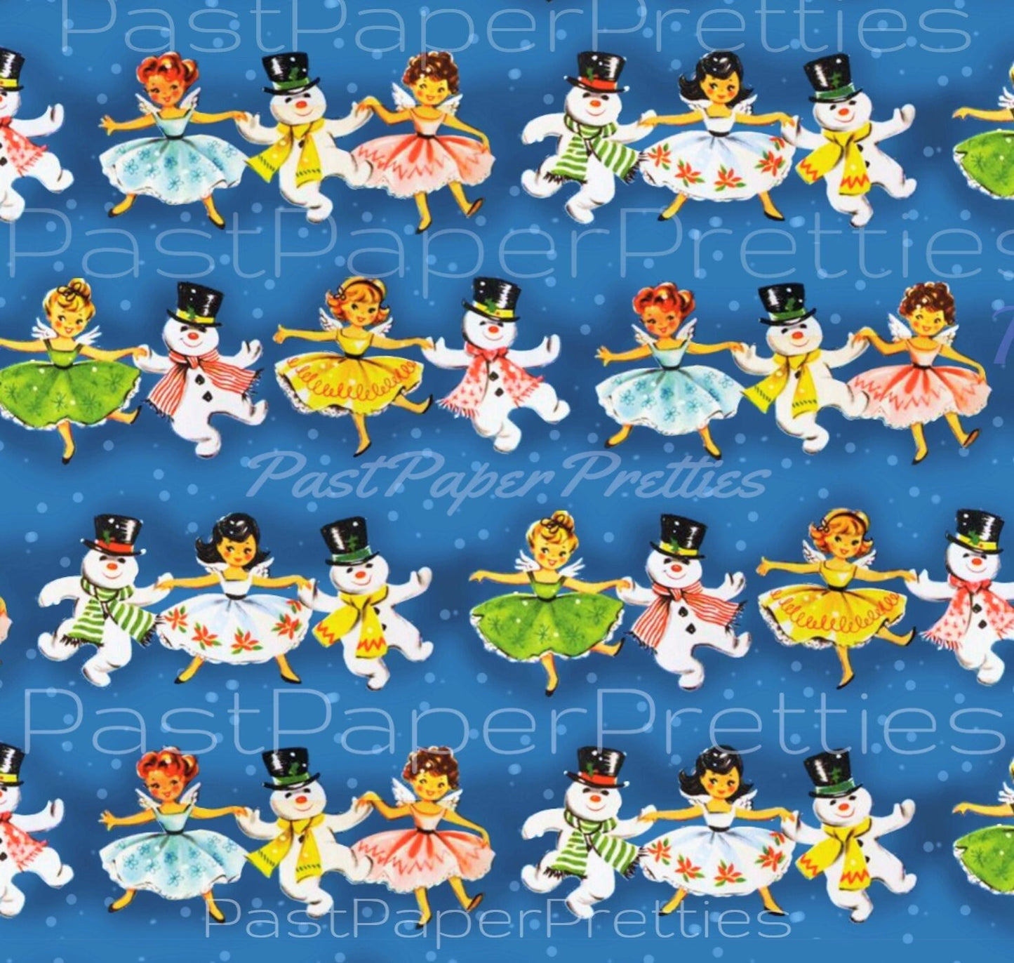 Vintage Retro Printable Christmas Gift Wrap Dancing Fairy Angels Snowman Collage Sheet Instant Digital Download Kitsch Wrapping Paper