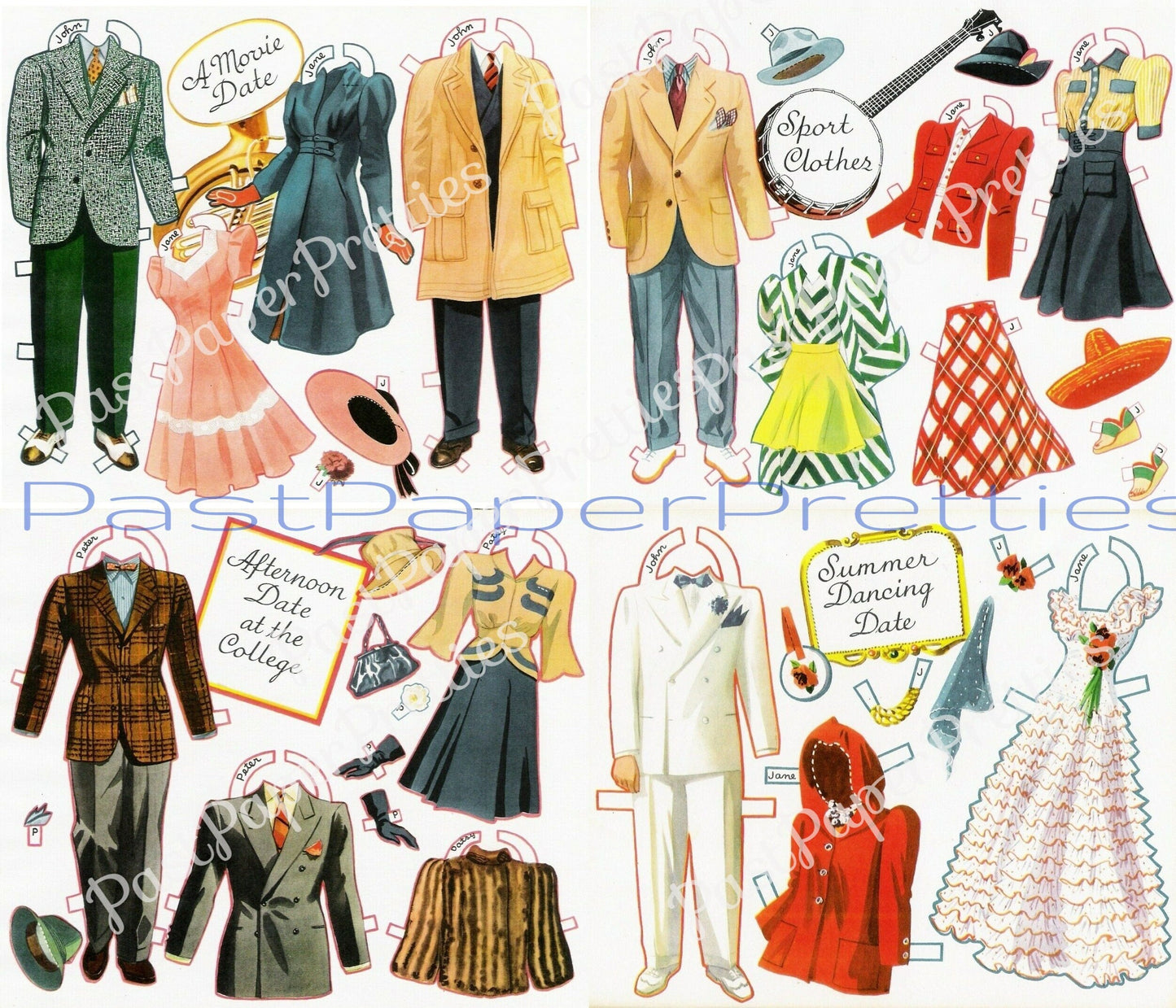 Vintage Paper Dolls College Style c. 1941 Printable PDF Instant Digital Download Dating College Girls Boys University Student Dolls Clip Art