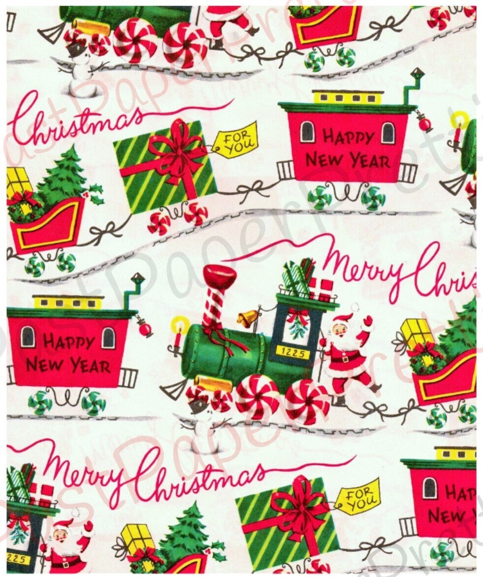 Vintage Printable Christmas Gift Wrap Santa Claus Train Peppermint Express Instant Digital Download Retro Xmas Wrapping Paper Clip Art Image