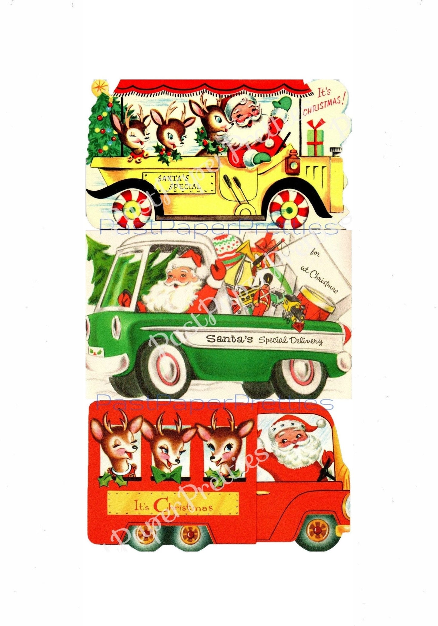 Vintage Printable Santas Special Delivery Vehicles Christmas Cards PDF Instant Digital Download Kitsch Mid Century Car Truck Bus Images