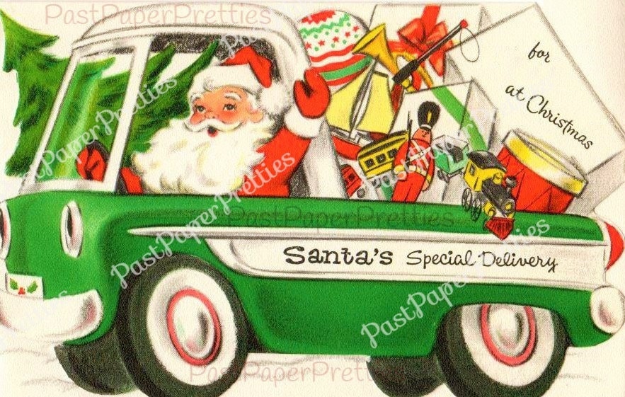 Vintage Printable Santas Special Delivery Vehicles Christmas Cards PDF Instant Digital Download Kitsch Mid Century Car Truck Bus Images