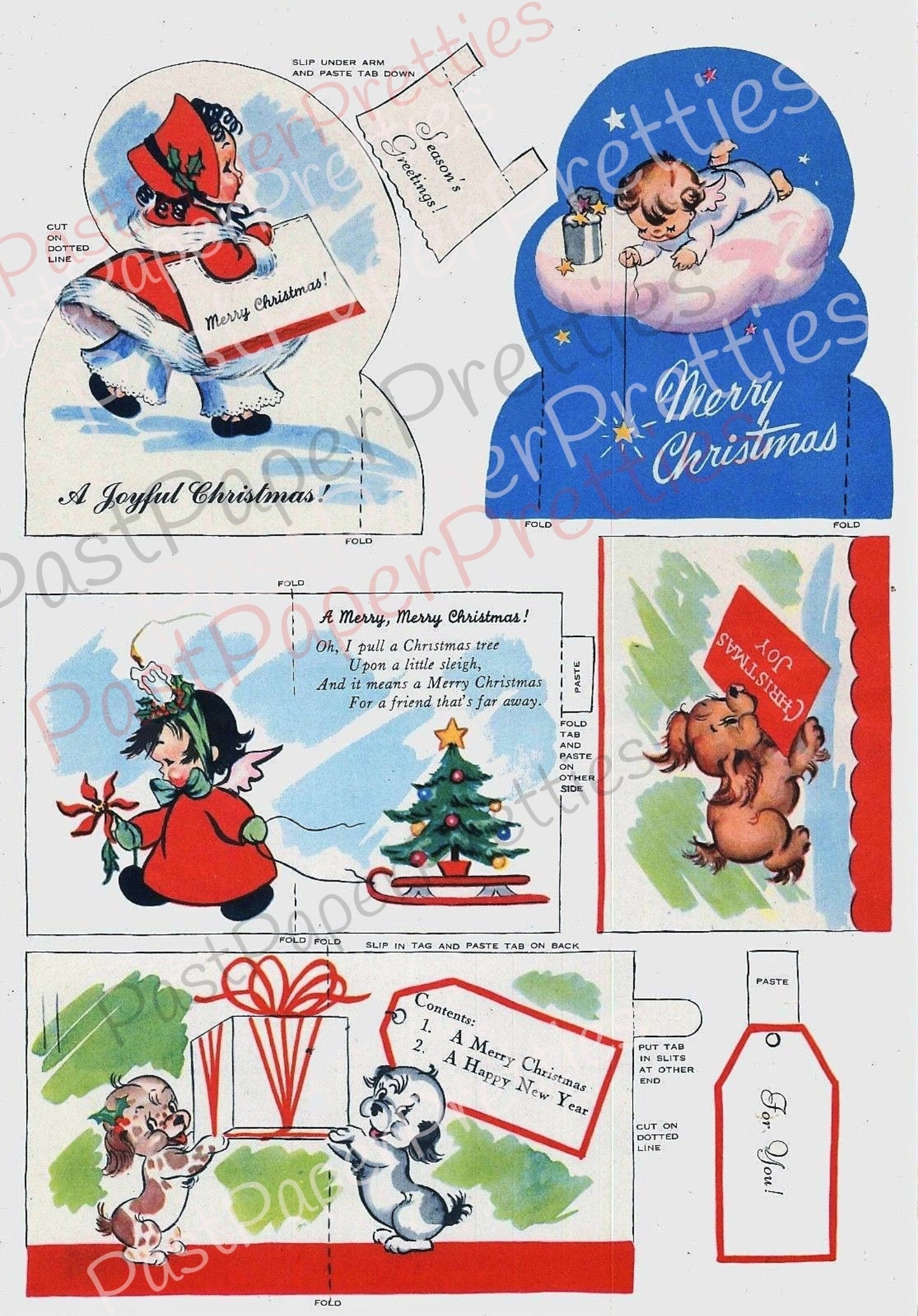 Vintage Printable Retro Christmas Cards Cut Outs 20 Designs PDF Instant Digital Download 1956 Kitsch Kawaii Kids Angels Holiday Clip Art