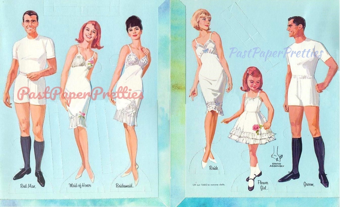 Vintage Paper Dolls Pretty Bridal Cut Outs c. 1965 Printable PDF Instant Digital Download 6 Retro Wedding Dolls and Clothes Clip Art