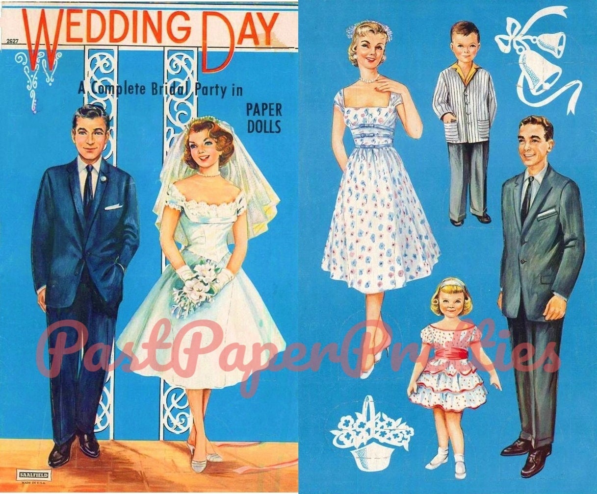 Vintage Paper Dolls Wedding Day c. 1960s Printable PDF Instant Digital Download 6 Wedding Dolls and Clothes Retro Bridal Party Clip Art