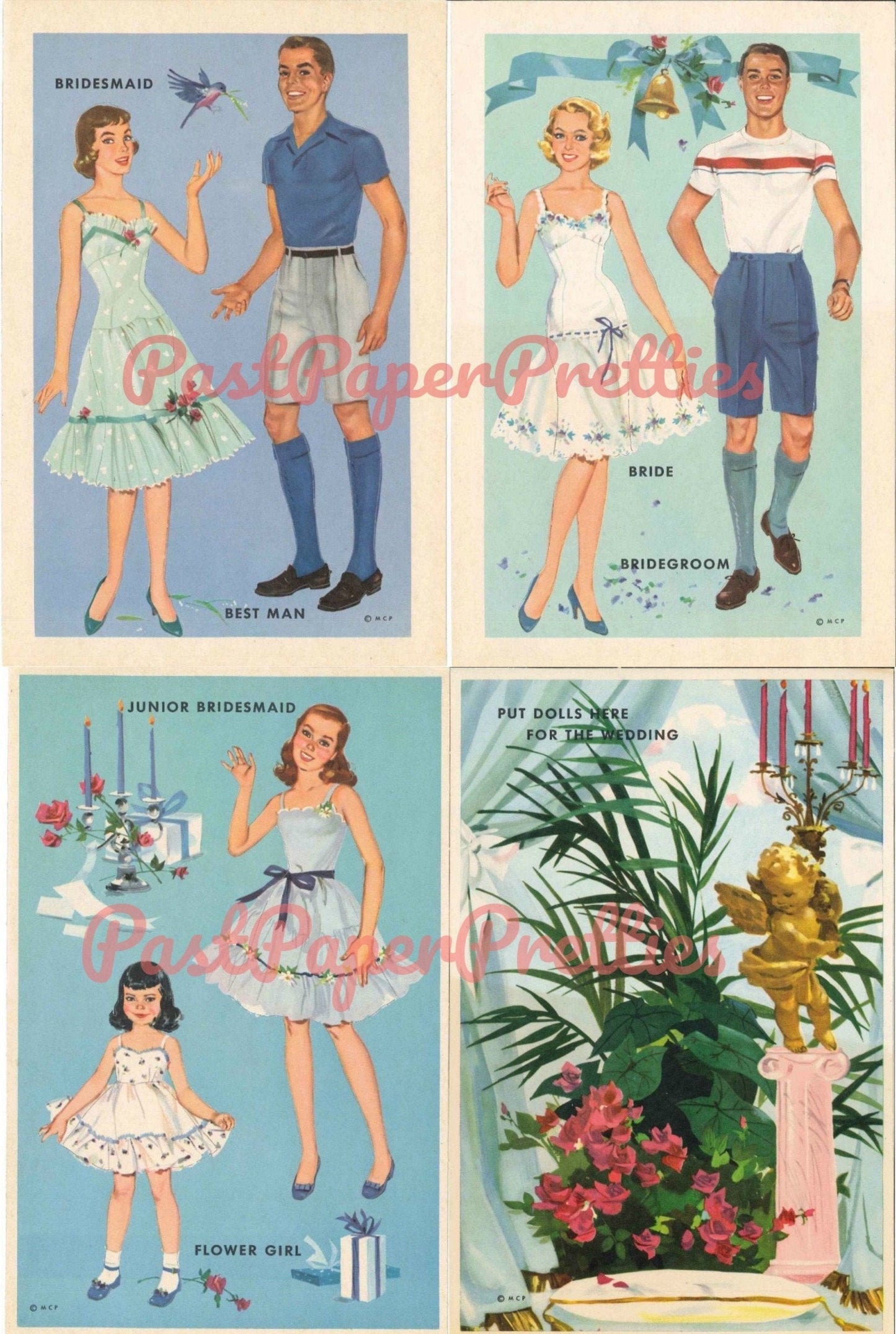 Vintage Paper Dolls The Heavenly Blue Wedding c. 1955 Printable PDF Instant Digital Download Wedding 6 Bridal Party Dolls & Clothes Clip Art