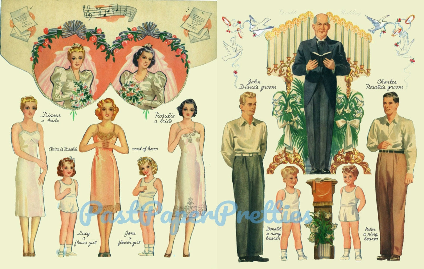 Vintage Paper Dolls Double Wedding c. 1939 Printable PDF Instant Digital Download 15 Bridal Party Dolls & Clothes Clip Art