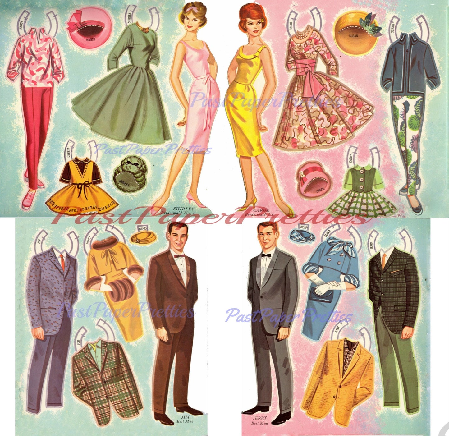 Vintage Paper Dolls Double Wedding c. 1964 Printable Instant Digital Download 16 Bridal Party Dolls & Clothes Clip Art JPEG PDF