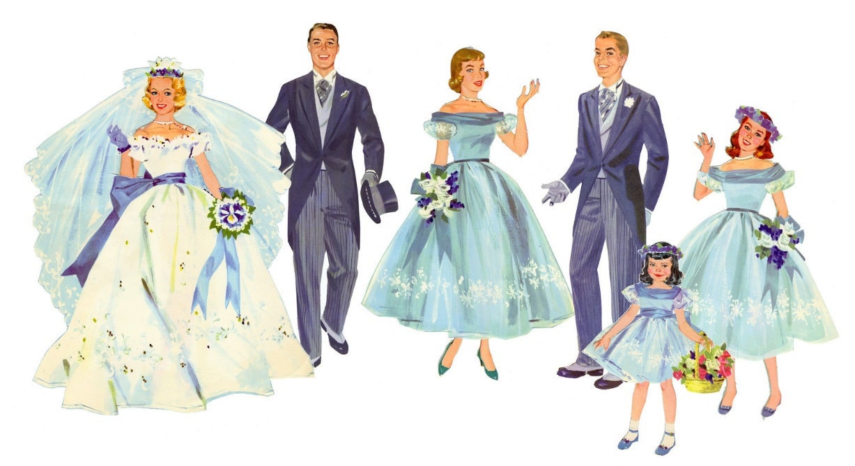 Vintage Paper Dolls The Heavenly Blue Wedding c. 1955 Printable PDF Instant Digital Download Wedding 6 Bridal Party Dolls & Clothes Clip Art