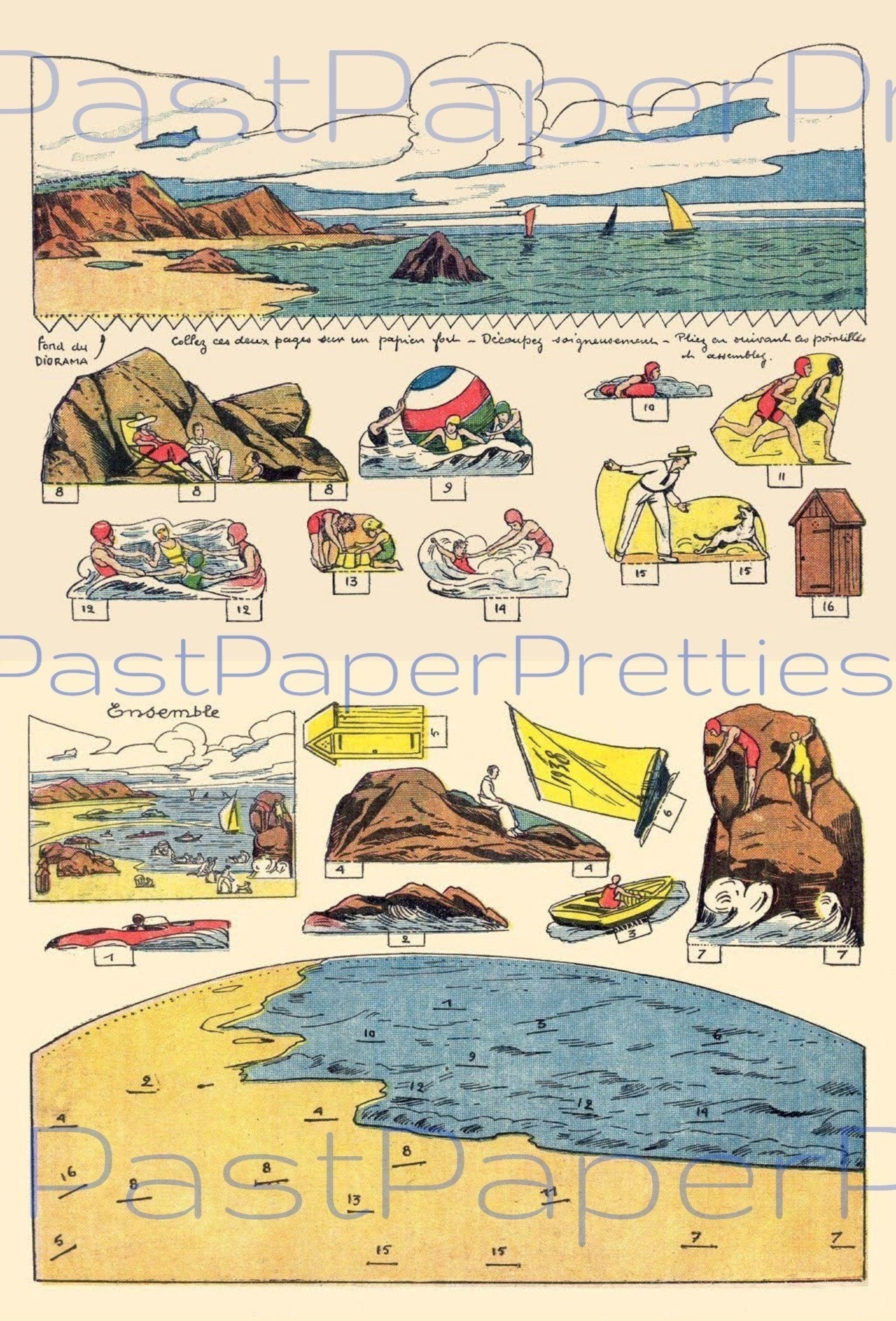 Vintage 1920s Lakeside Bathers Boaters Scene Printable Paper Craft Instant Digital Download Miniature Cottage Beach Swimming Diorama Playset