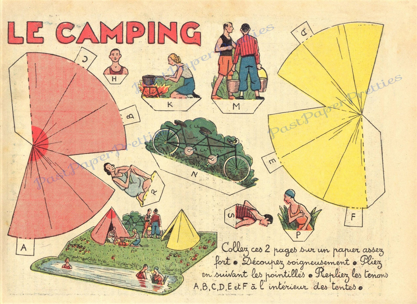 Vintage Camping Scene Printable Paper Model Cut Outs Instant Digital Download Miniature People Campsite Tents Diorama 1930s Papercraft