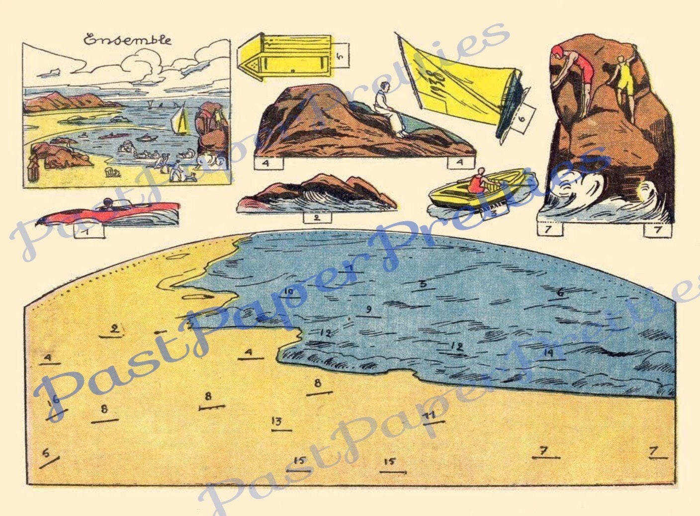 Vintage 1920s Lakeside Bathers Boaters Scene Printable Paper Craft Instant Digital Download Miniature Cottage Beach Swimming Diorama Playset