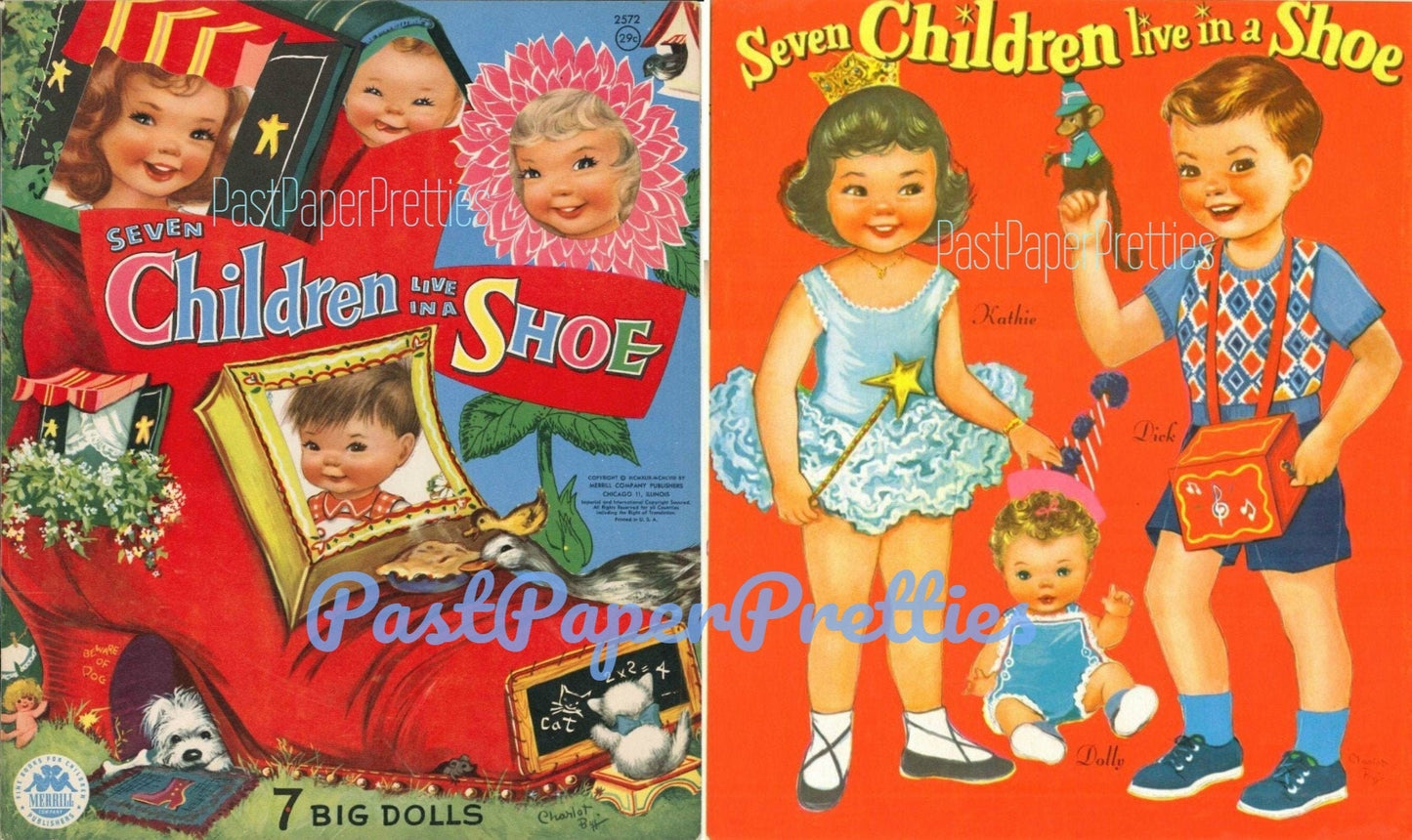 Vintage Paper Dolls Seven Children Live in a Shoe 1958 Printable PDF Instant Digital Download Adorable Kitsch Cute Little Children Dolls