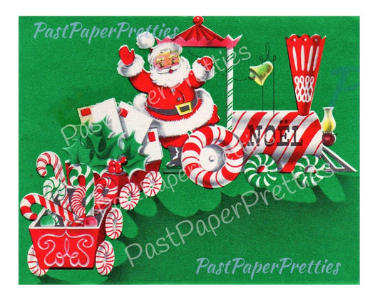 Vintage Printable Santa Claus Candy Cane Express Train Christmas Card Image Retro 1940s Instant Digital Download Kitsch Mid Century Clip Art