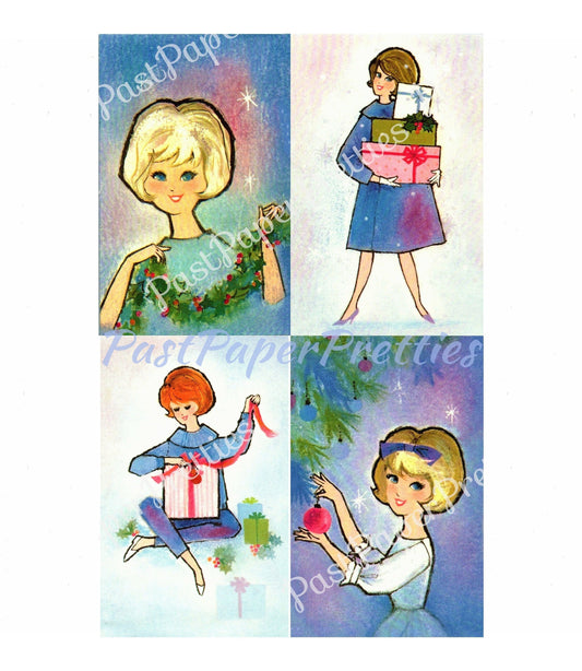 Vintage Printable Pretty Mid Century Mod Ladies Christmas Card Images PDF Instant Digital Download Retro '60s Holiday Housewives Set of FOUR