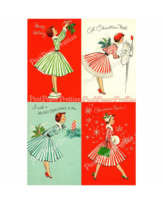 Vintage Printable Pretty Miss Peppermint Ladies Christmas Card Images PDF Instant Digital Download Retro Holiday Housewives SET FOUR