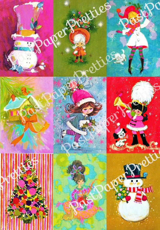 Vintage Printable Retro '70s Colorful Christmas Card Images Collage Sheet & Full Cards Girls Snowmen PDF Instant Digital Download 300 dpi