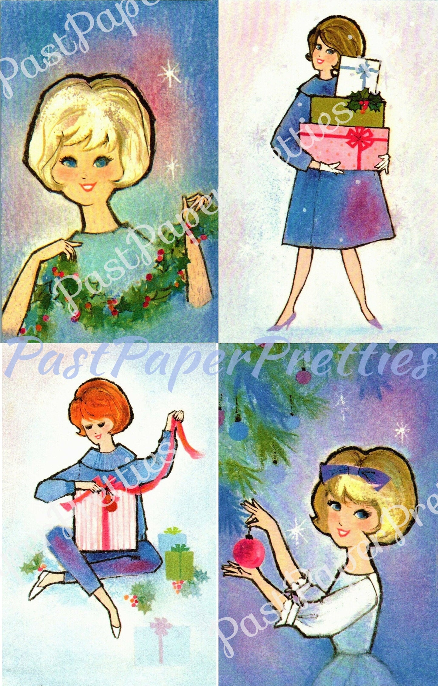 Vintage Printable Pretty Mid Century Mod Ladies Christmas Card Images PDF Instant Digital Download Retro '60s Holiday Housewives Set of FOUR
