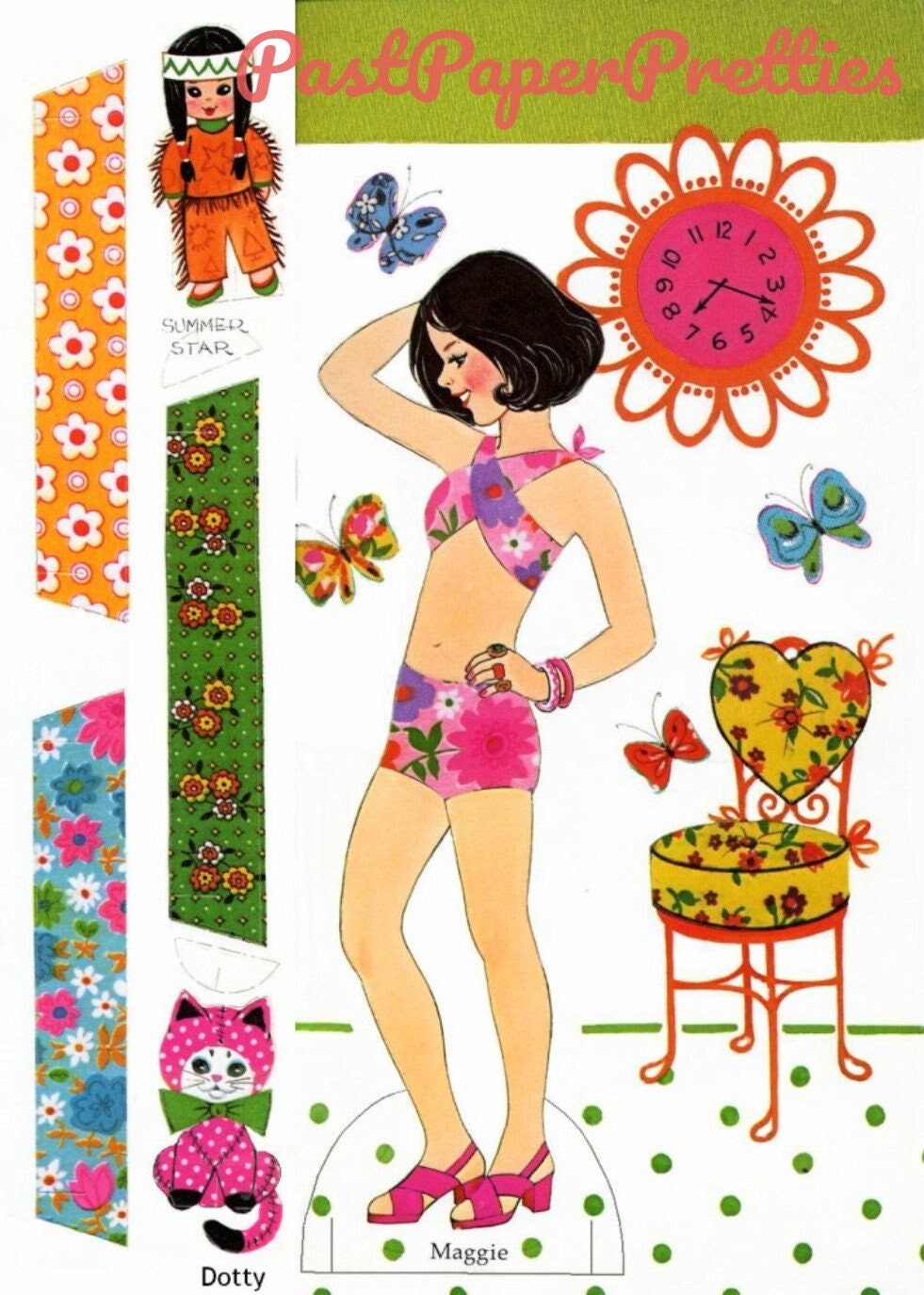 Vintage Paper Dolls Prints and Polka Dots Retro 1970s Mod Boho Hippie Groovy Fashions Printable PDF Instant Digital Download 3 Pretty Dolls