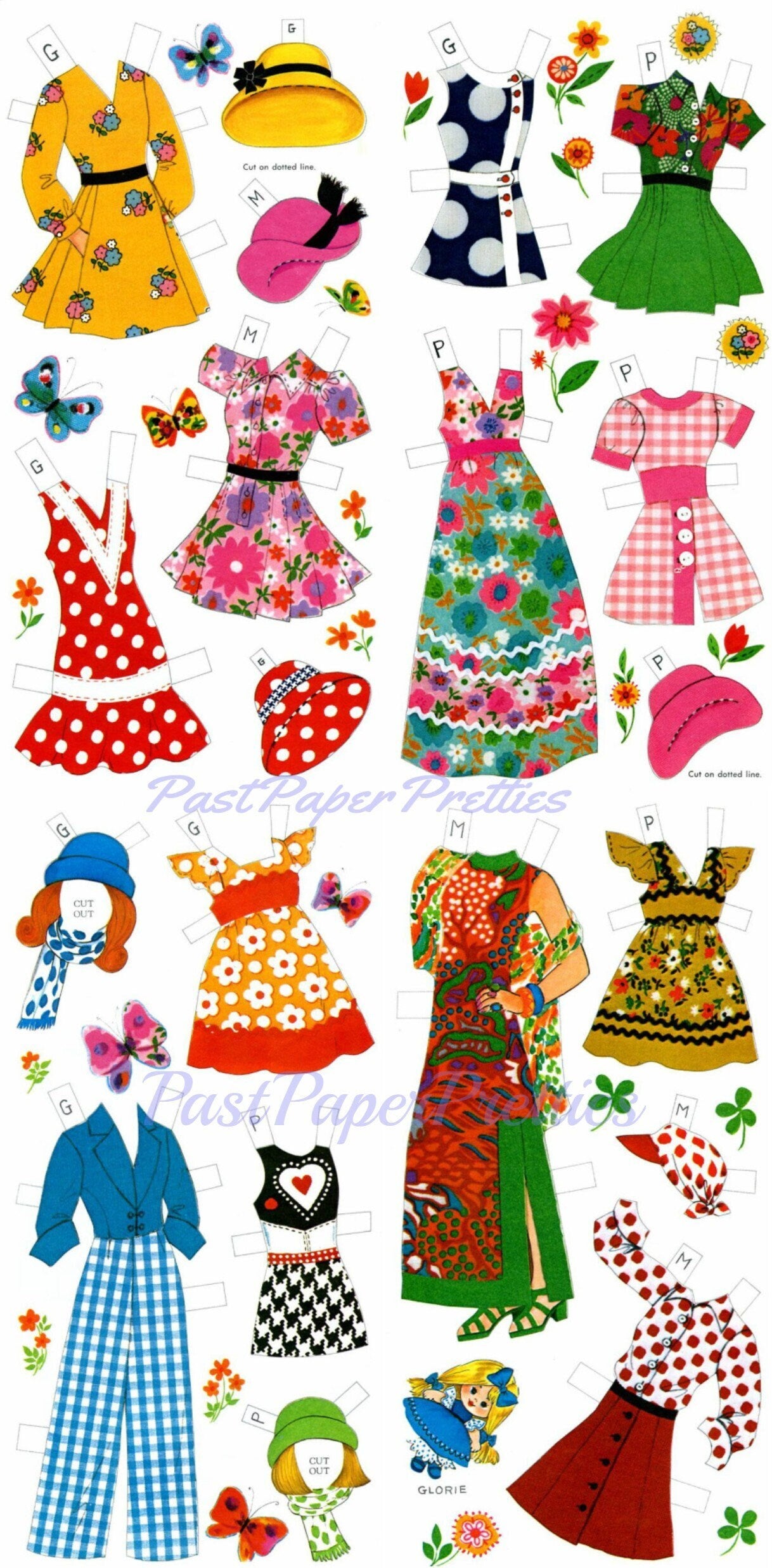 Vintage Paper Dolls Prints and Polka Dots Retro 1970s Mod Boho Hippie Groovy Fashions Printable PDF Instant Digital Download 3 Pretty Dolls