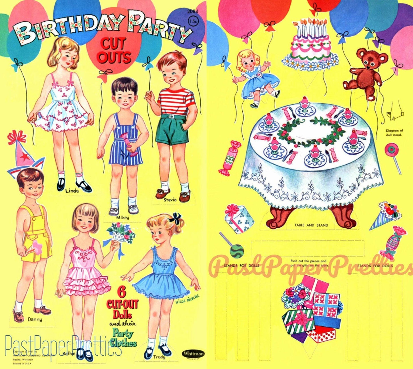 Vintage Paper Dolls Birthday Party Cut Outs c. 1961 Printable PDF Instant Digital Download 6 Cute Kitsch Children Party Costumes Clip Art