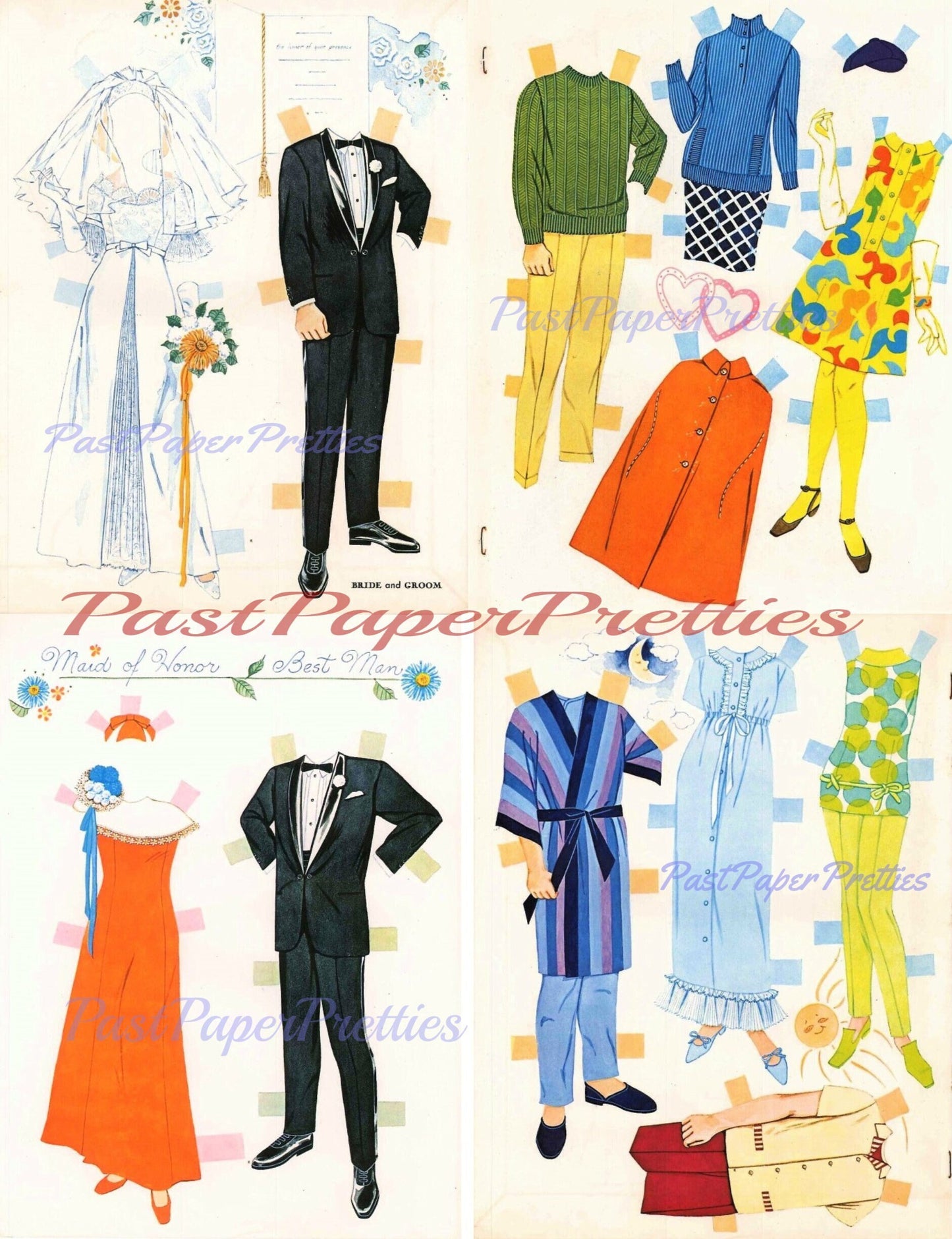 Vintage Paper Dolls Bride and Groom c. 1968 Printable PDF Instant Digital Download 4 Wedding Dolls and Clothes Retro Bridal Clip Art