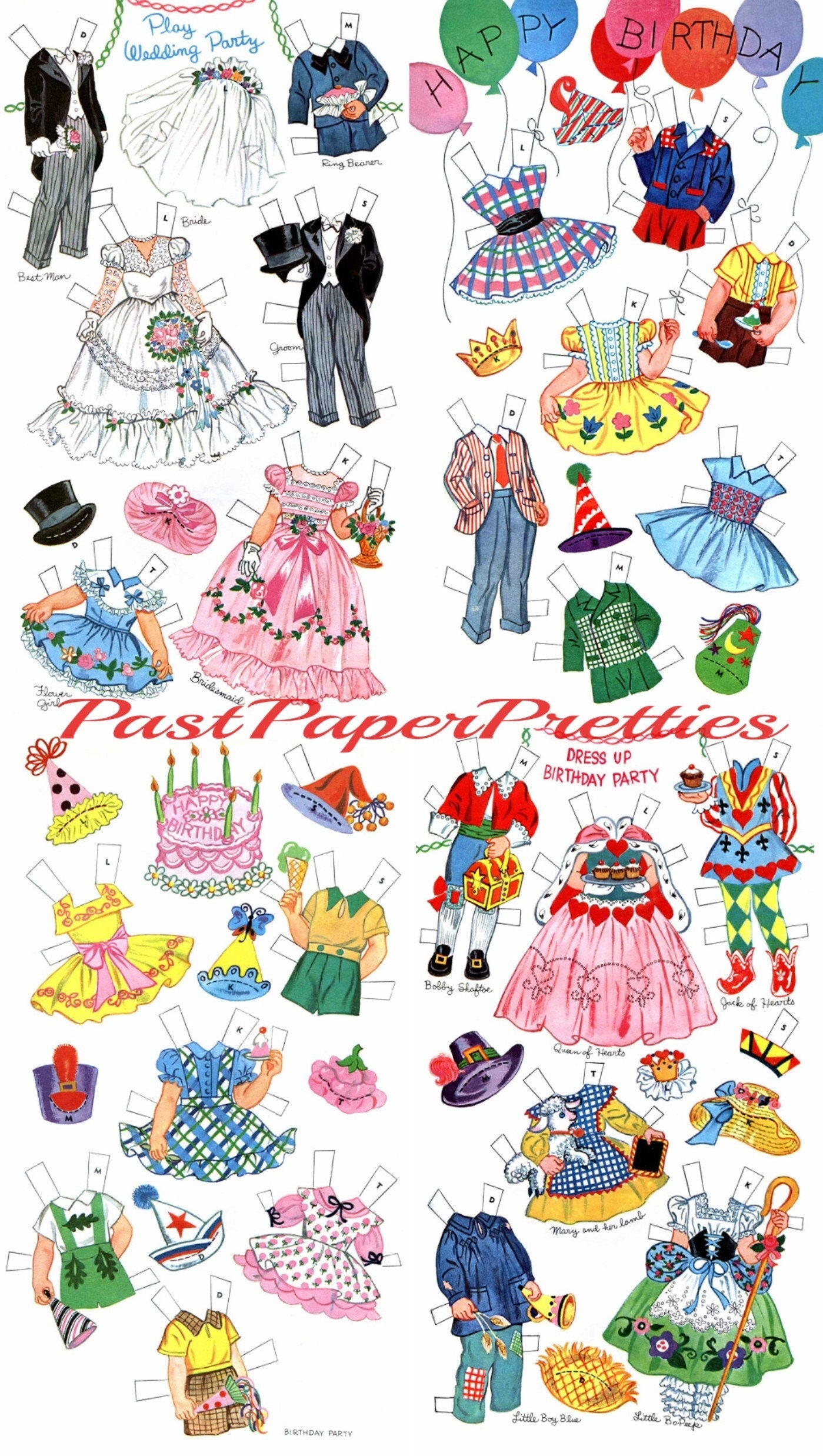 Vintage Paper Dolls Birthday Party Cut Outs c. 1961 Printable PDF Instant Digital Download 6 Cute Kitsch Children Party Costumes Clip Art