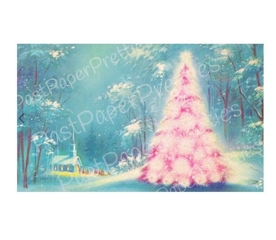 Vintage Printable Snowy Pink Christmas Tree Church Forest Scene Card Image Instant Digital Download Kitsch Retro Holiday Clip Art