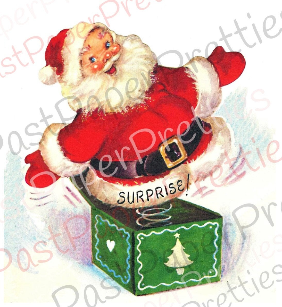 Vintage Printable Mid Century Santa Claus Surprise Jack In The Box Christmas Card Image Instant Digital Download Kitsch Holiday Clip Art