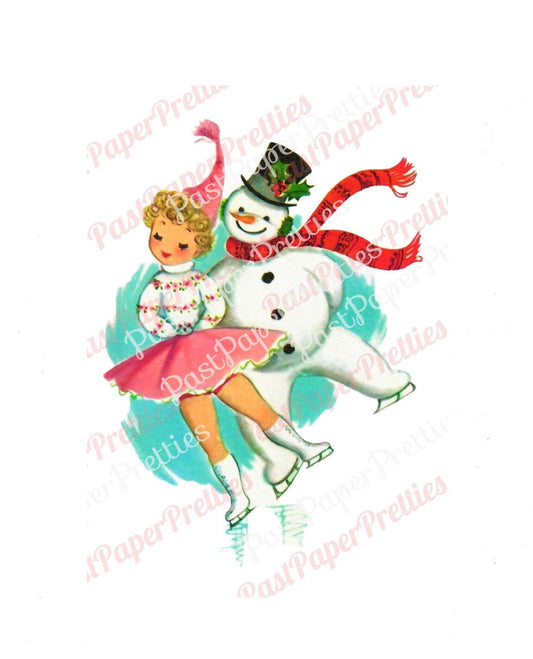 Vintage Printable Skating Snowman & Little Miss Cute Girl Christmas Card Image c. 1950s Instant Digital Download Kitsch Clipart JPEG PNG