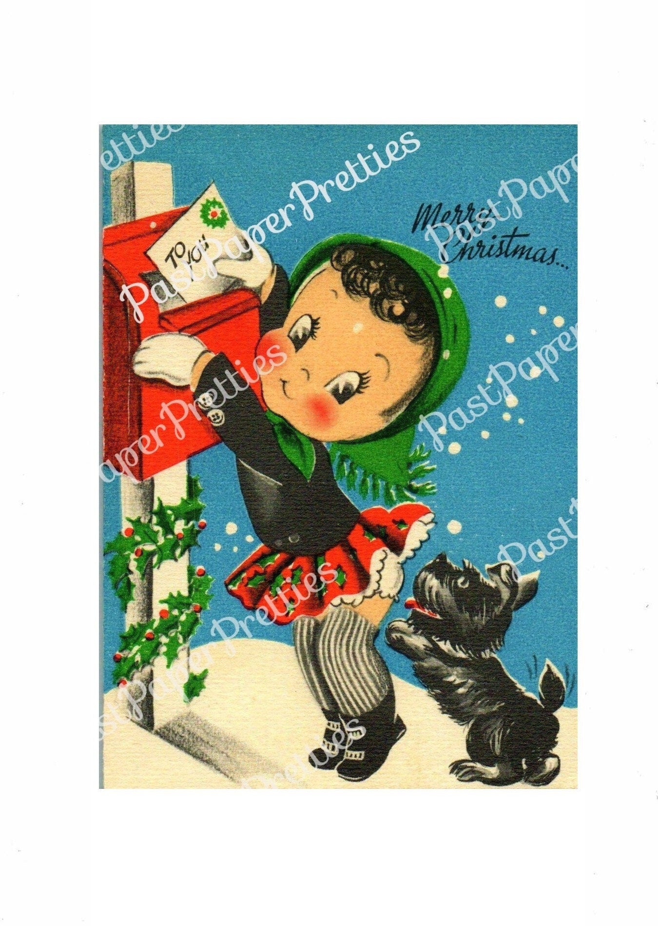 Vintage Printable Christmas Card Sweet Big Eyed Girl and Scottie Dog Image Retro 1950s Instant Digital Download Kitsch Holiday Clip Art