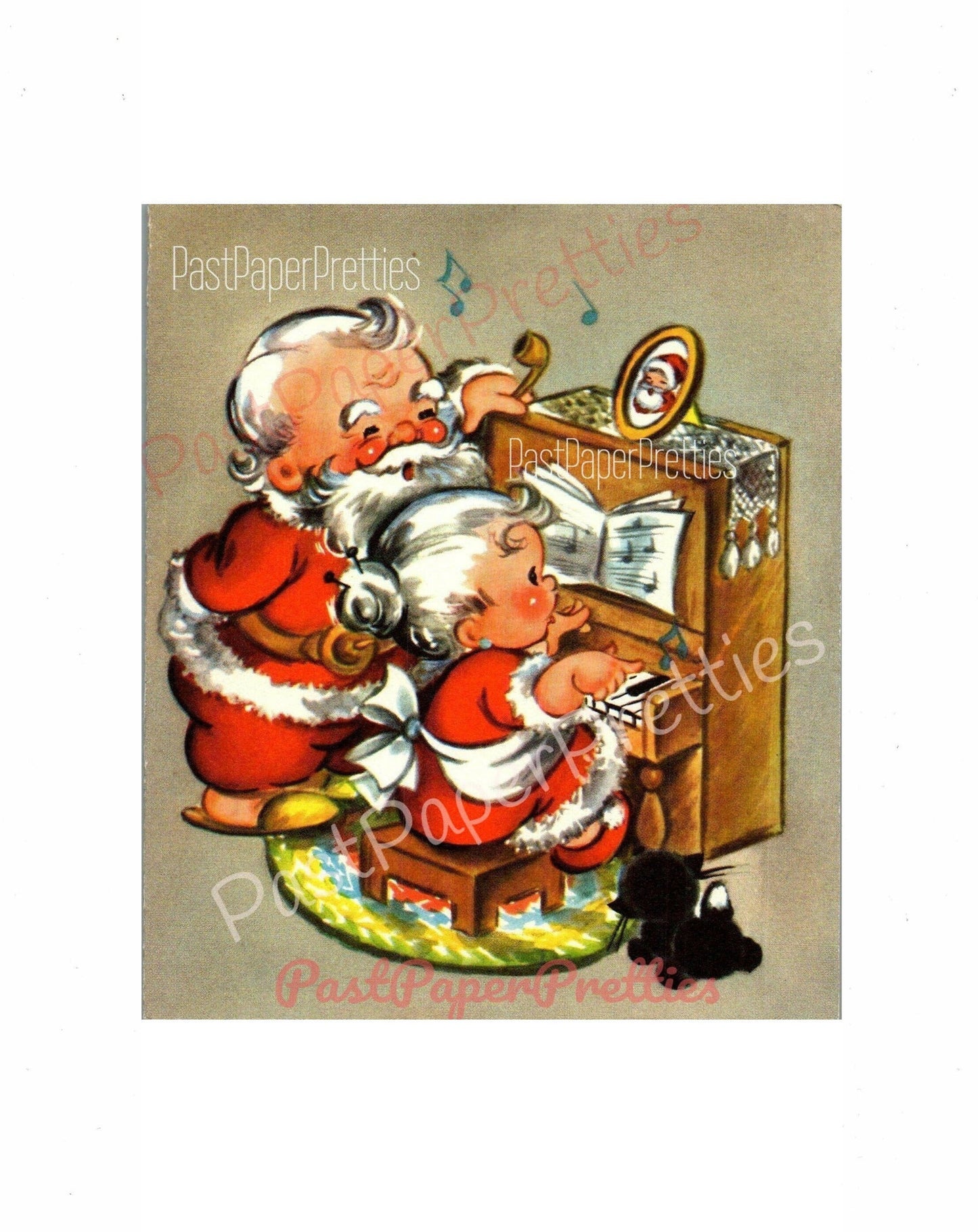 Vintage Printable Piano Playing Santa & Mrs Claus Cute Christmas Card Image Retro 1940s Instant Digital Download Kitsch Kitschmas Clip Art