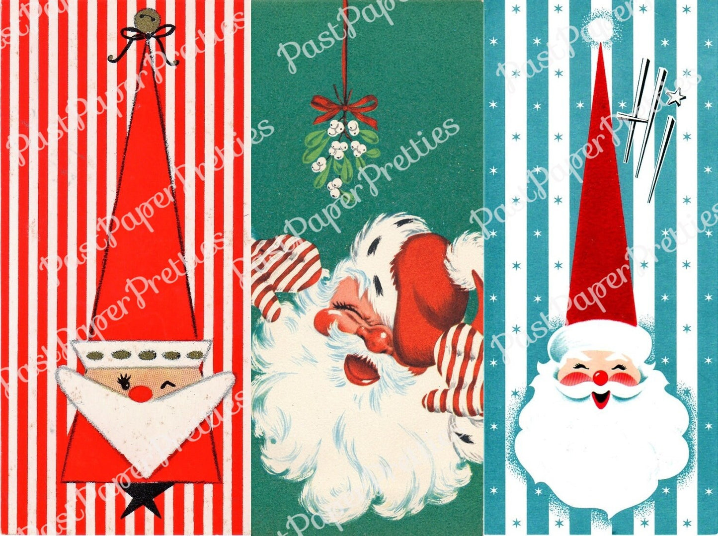 Vintage Printable Retro Slim Santas Christmas Card Images Mod Tall Hats PDF Instant Digital Download Mid Century Kitsch Kitschmas Clip Art