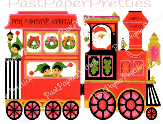 Vintage Printable Christmas Card Santa's Express Train and Elves Image c. 1960s Instant Digital Download Merry Kitschmas Holiday Clipart