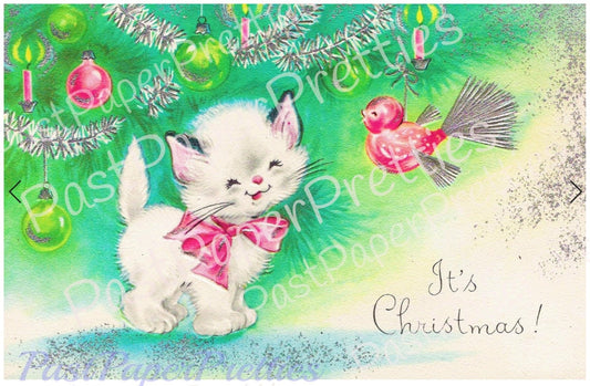 Vintage Printable Christmas Kitty Cat Kitten Under The Tree Image Card Retro 1940s Instant Digital Download Kitsch Holiday Clip Art