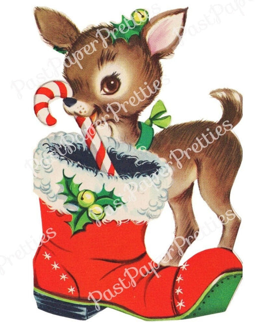 Vintage Printable Cute Reindeer Deer Christmas Money Card Image Santa Loot Boot Instant Digital Download Kitsch Woodland Forest Friend