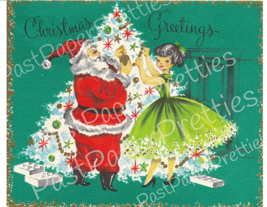 Vintage Printable Santa & Pretty Girl Trim the Tree Christmas Card Image Retro 1940s Instant Digital Download Kitsch Clip Art A2