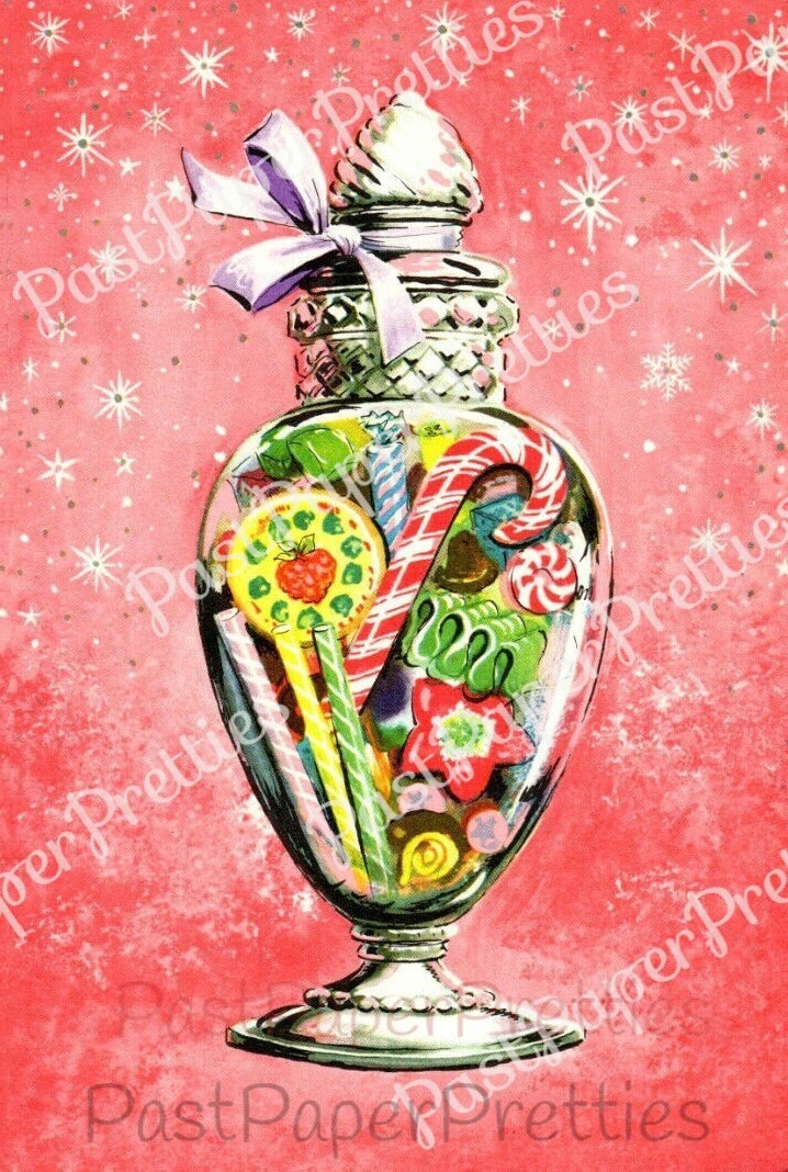 Vintage Printable Old Fashioned Christmas Candy Jar Card Image c. 1950s Instant Digital Download Kitsch Decanter Glass Jar Holiday Clip Art