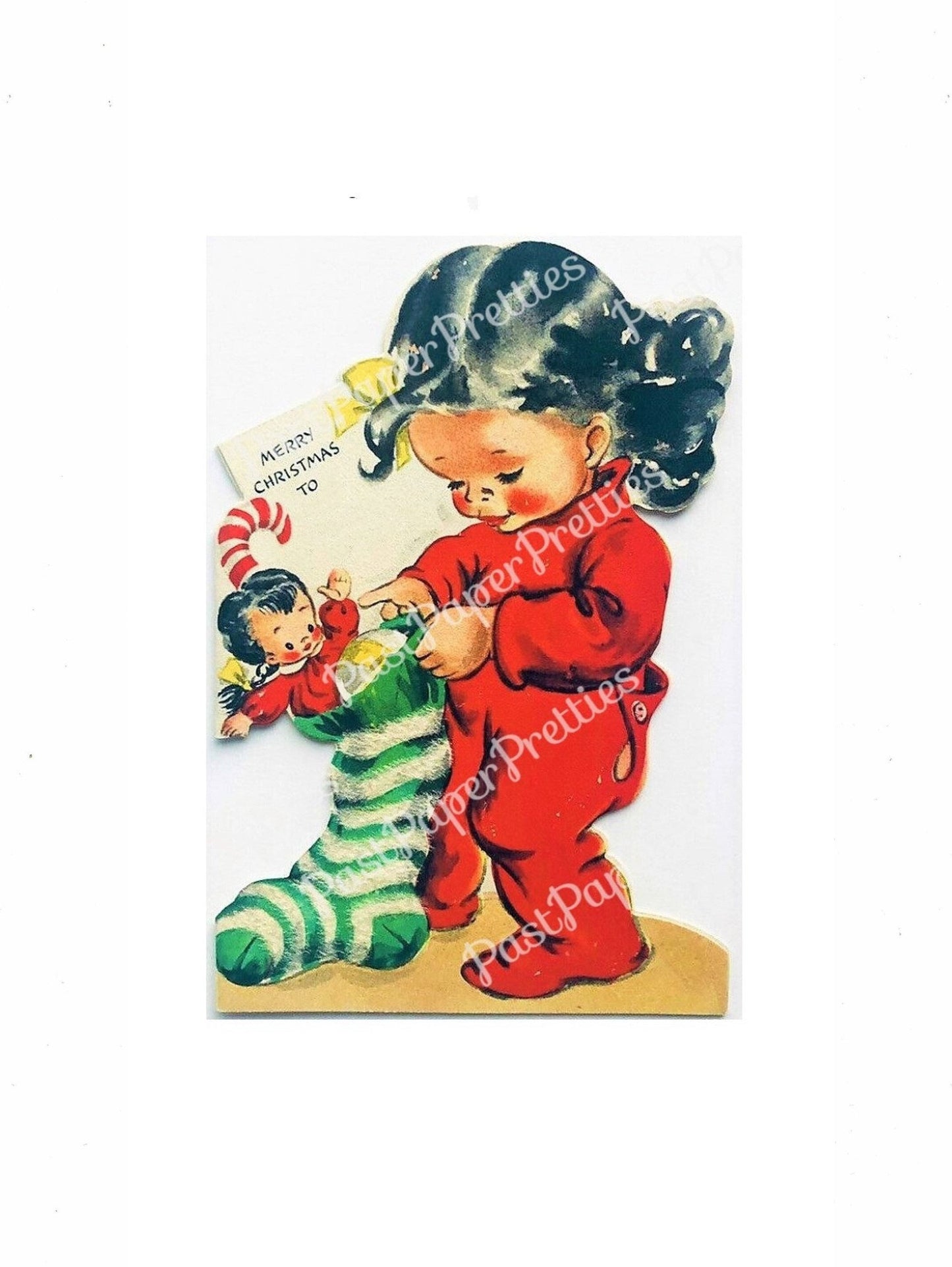 Vintage Printable Cute Little Christmas Girl Red Pajamas Stocking Card Image 1940s Instant Digital Download Kitsch Holiday Clip Art 300 dpi