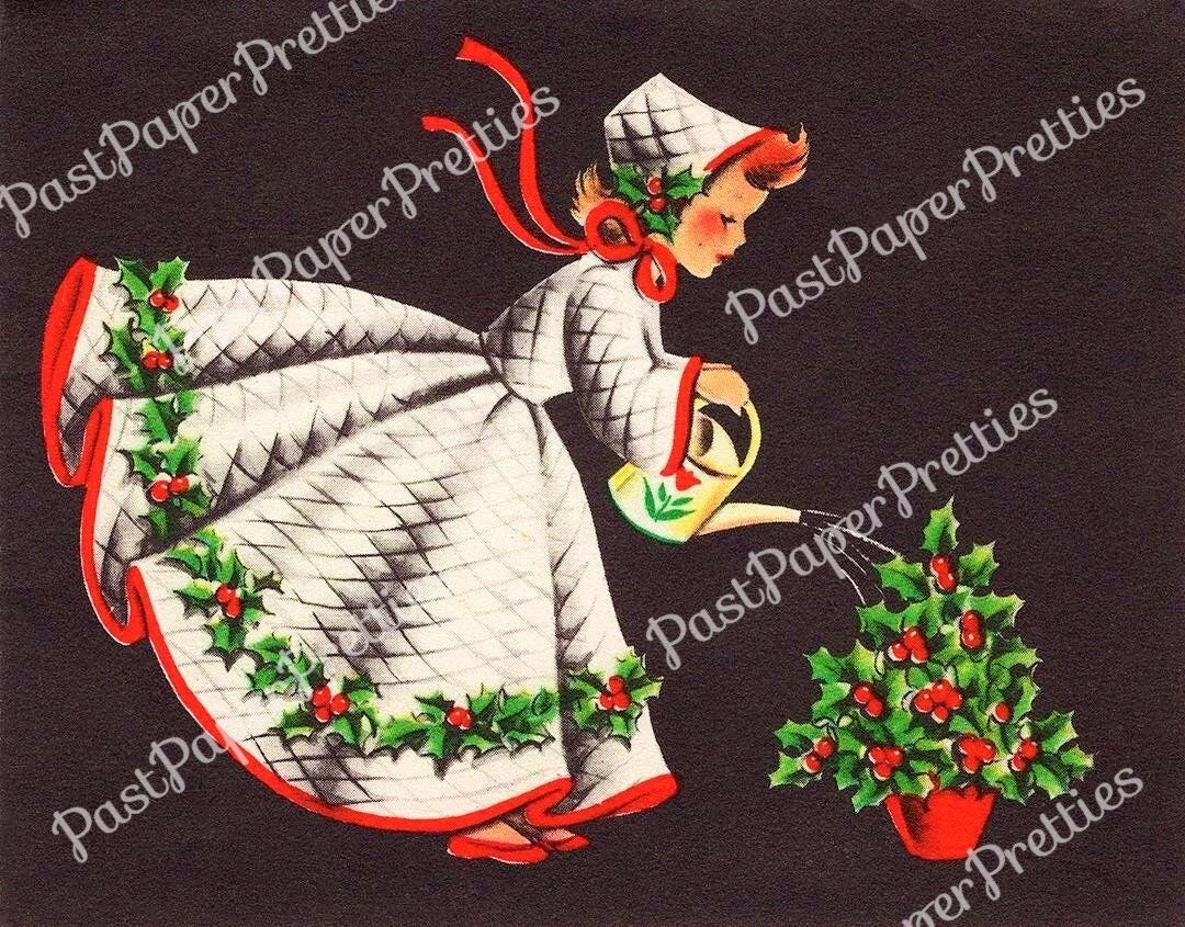 Vintage Printable Pretty Christmas Holly Girl with Watering Can Card Image c. 1940s PDF Instant Digital Download Kitsch Clipart JPEG PNG