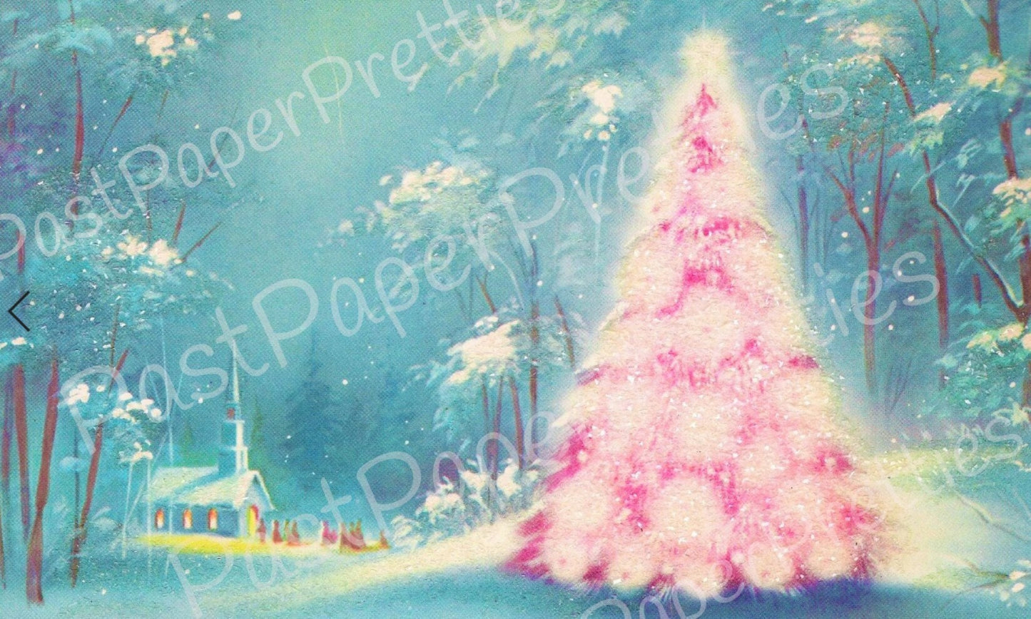 Vintage Printable Snowy Pink Christmas Tree Church Forest Scene Card Image Instant Digital Download Kitsch Retro Holiday Clip Art
