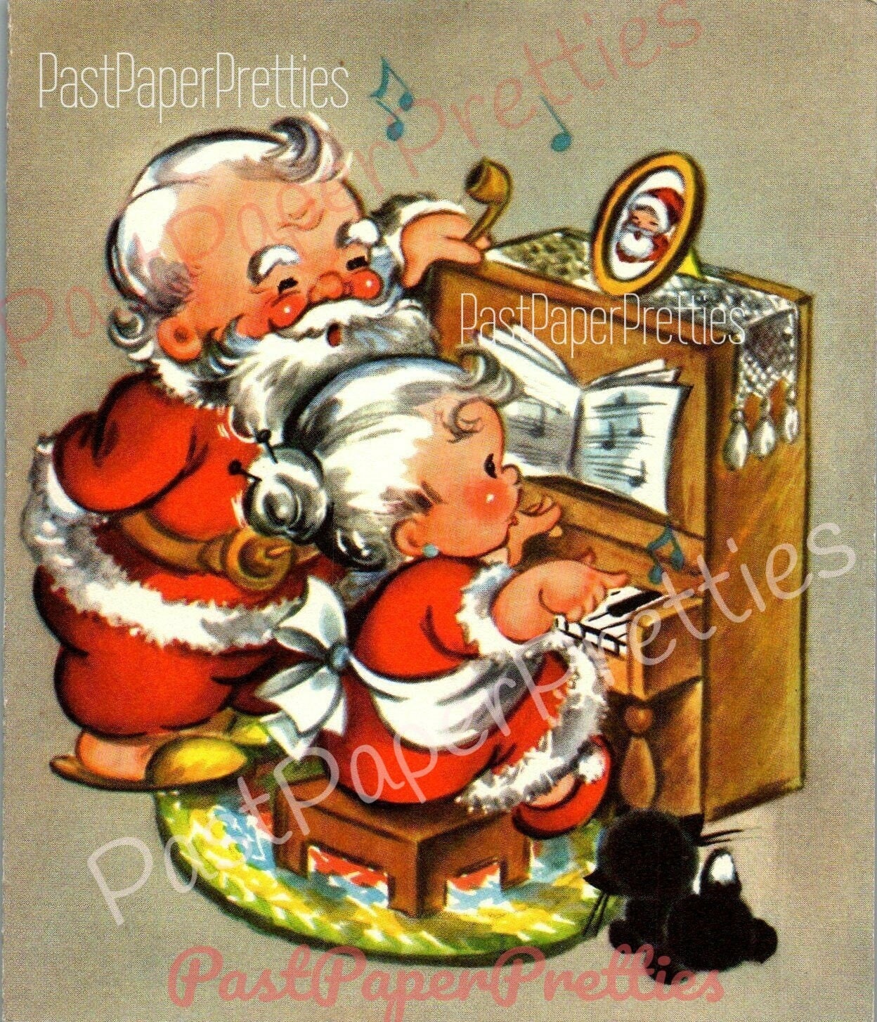 Vintage Printable Piano Playing Santa & Mrs Claus Cute Christmas Card Image Retro 1940s Instant Digital Download Kitsch Kitschmas Clip Art