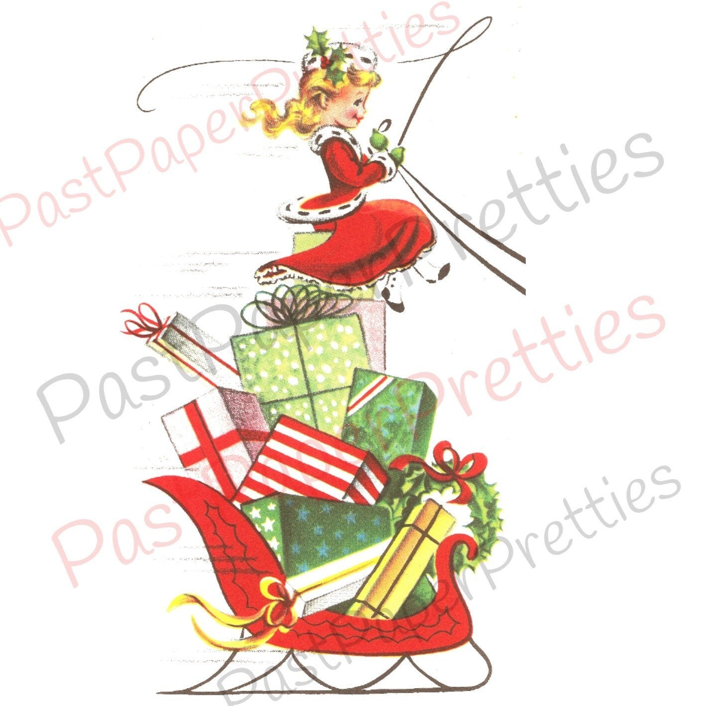 Vintage Printable Cute Little Miss Christmas Shopping Girl Sleigh Presents Greeting Card Image Instant Digital Download Kitsch Clip Art