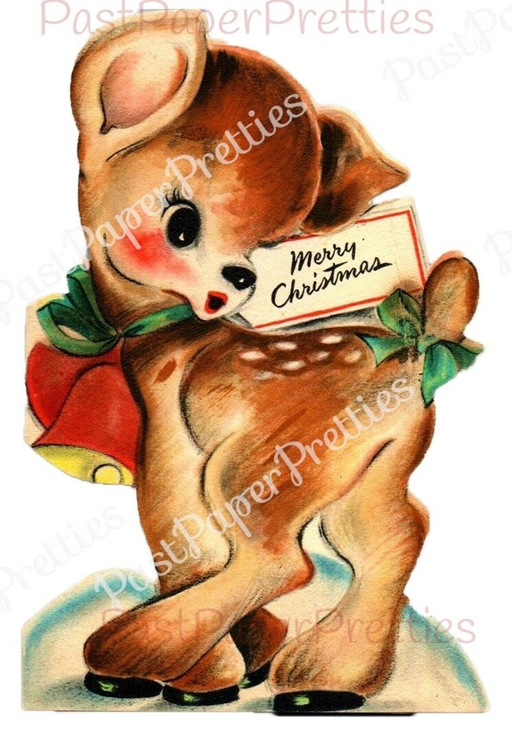 Vintage Printable Jingle Bell Reindeer Deer Christmas Card Image Kitsch Coy Fawn PDF Instant Digital Download Woodland Forest Animal