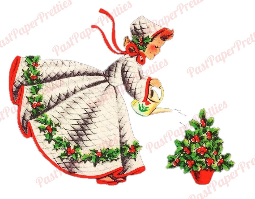 Vintage Printable Pretty Christmas Holly Girl with Watering Can Card Image c. 1940s PDF Instant Digital Download Kitsch Clipart JPEG PNG