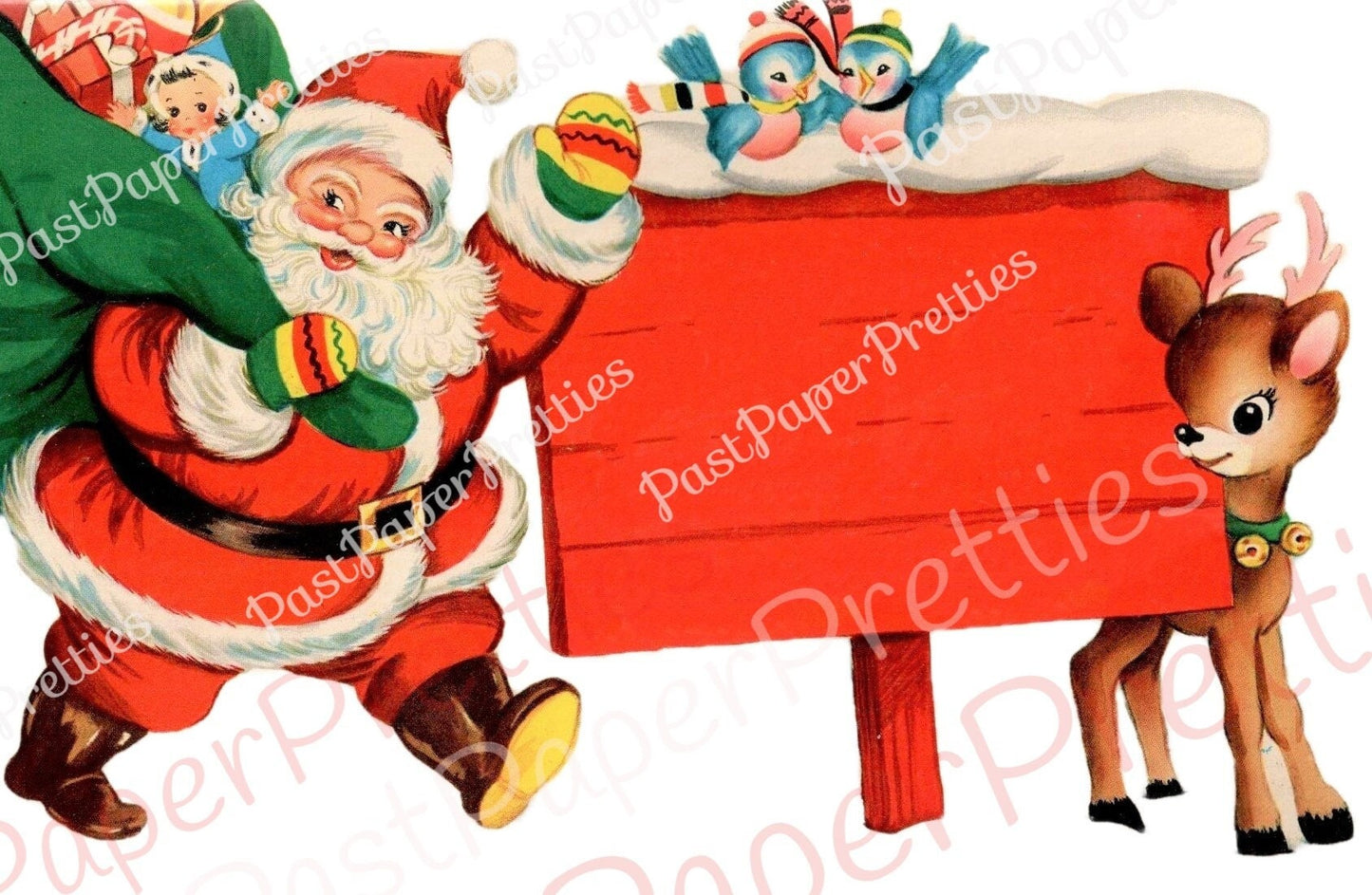 Vintage Printable Christmas Card Retro Santa Claus Sign Reindeer North Pole Image c. 1940s Instant Digital Download Kitsch Holiday Clip Art