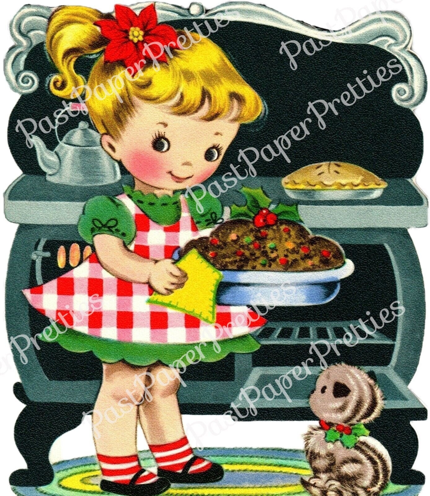 Vintage Printable Little Christmas Girl Baking Plum Pudding Card Image c. 1950s Instant Digital Download Xmas Clip Art PNG JPEG 300 dpi