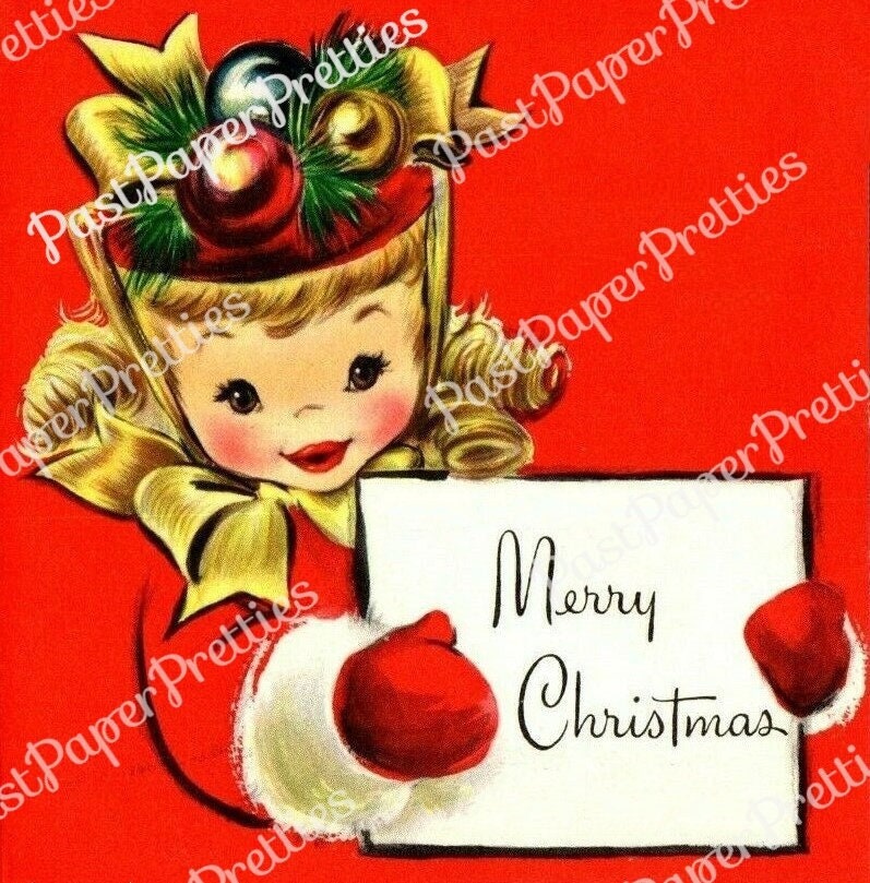 Vintage Printable Little Miss Merry Christmas Girl Fancy Hat Gift Tag Collage Card Image c. 1950 PDF Instant Digital Download 300 dpi