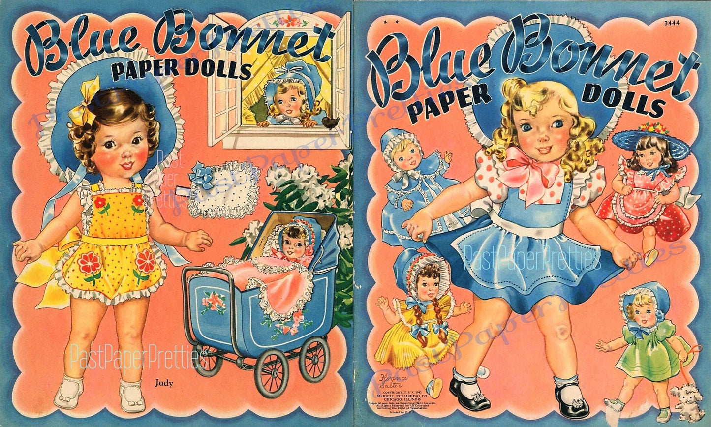 Vintage Blue Bonnet Paper Dolls c. 1942 Cute Little Girls and Their Toy Dollys Printable PDF Instant Digital Download Kitsch Clip Art