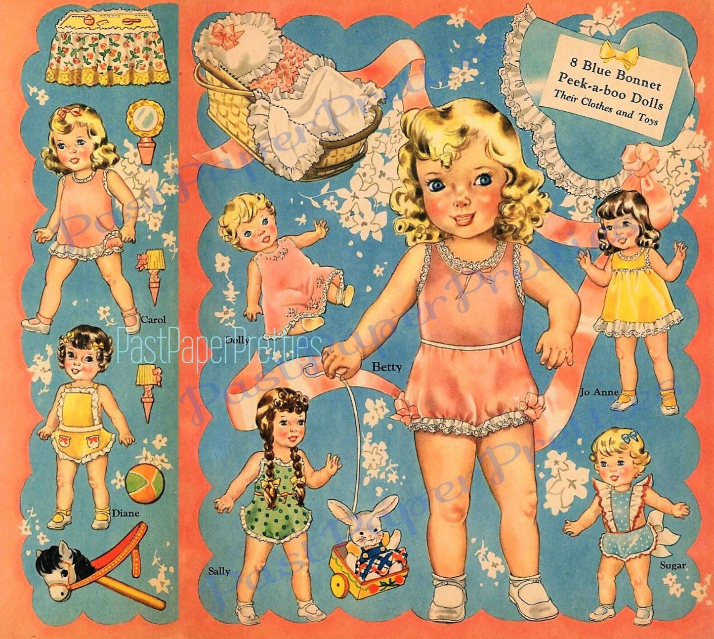 Vintage Blue Bonnet Paper Dolls c. 1942 Cute Little Girls and Their Toy Dollys Printable PDF Instant Digital Download Kitsch Clip Art