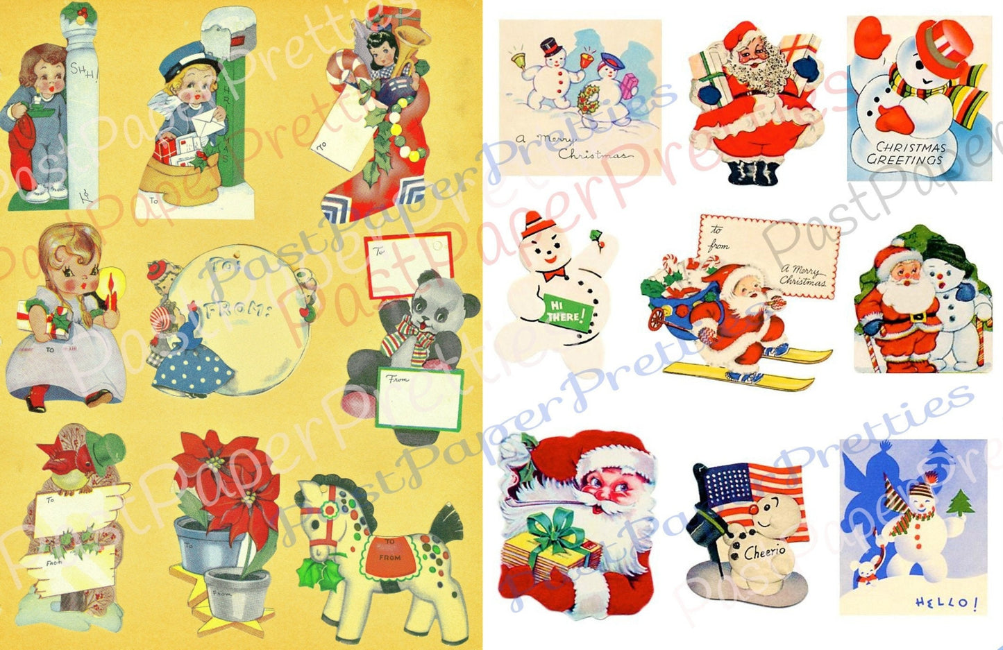 Vintage Printable Christmas Gift Tags Seals Stickers Collage PDF Instant Digital Download Retro 1930s 1940s Cute Kitsch Holiday Clip Art